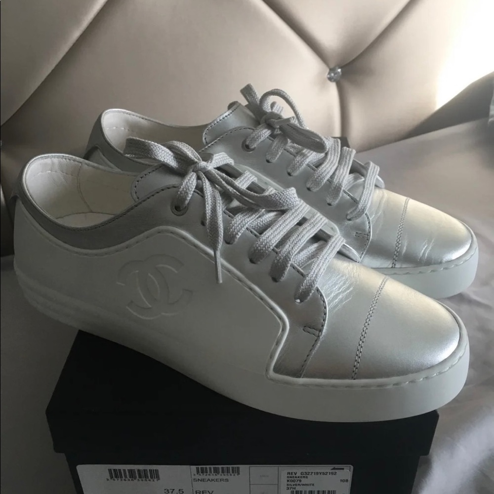 Chanel Iridescent Metallic Grey and White Sneakers size 37.5